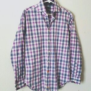 Thomas Dean Men's Purple Plaid Flip Cuff Contrast Shirt Size M